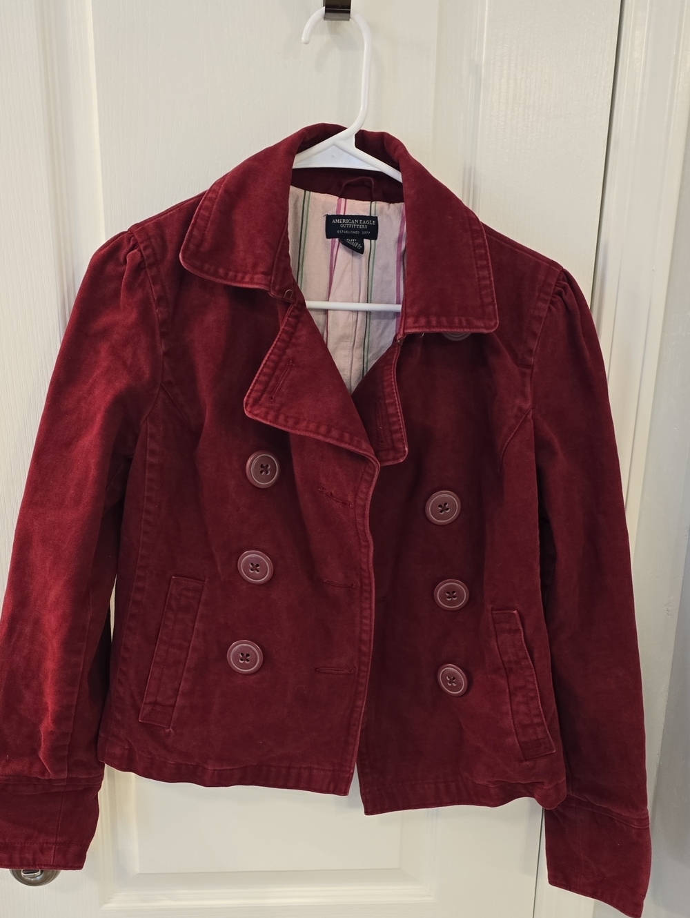 American Eagle Outfitters Burgundy Double-Breasted Velvet Peacoat